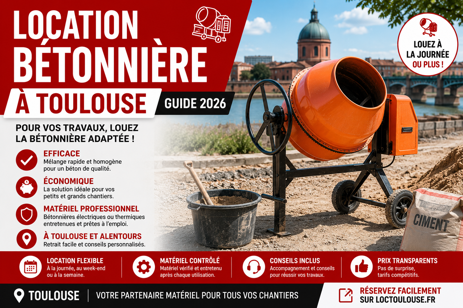 Location bétonnière à Toulouse : guide complet 2026 pour louer facilement