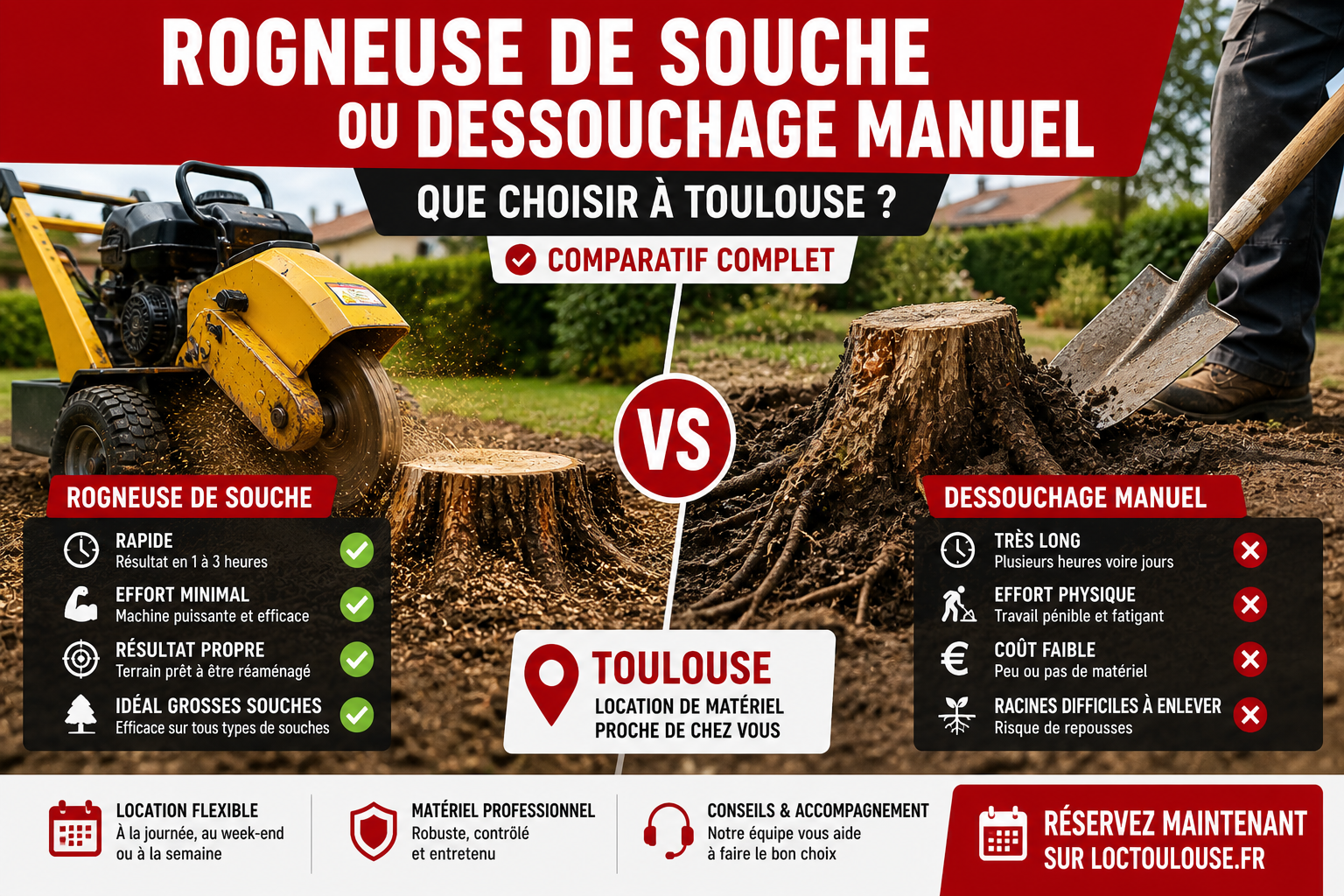 Location rogneuse de souche ou dessouchage manuel à Toulouse : que choisir pour enlever une souche rapidement ?